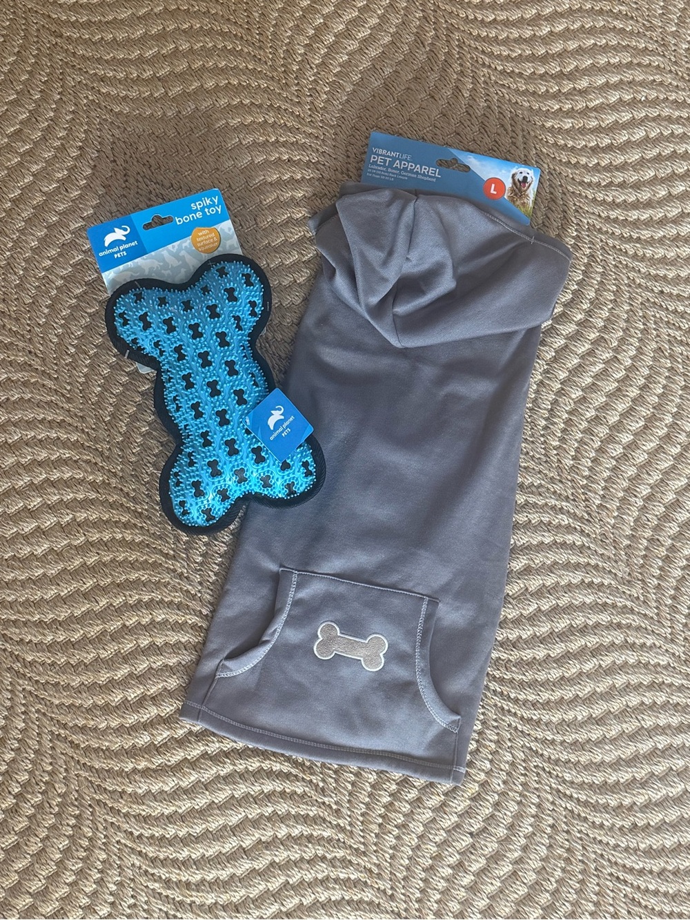 Large Dog Breed Gray Pet Hoodie Bone Pocket & Animal Planet Toy Gift Set
